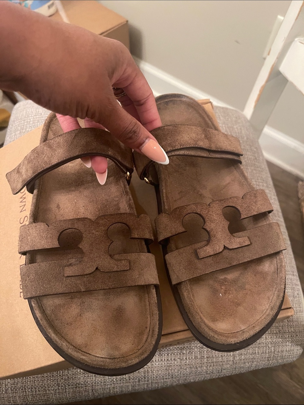 Tory Burch Brown Suede Dual-Strap Slide Sandals